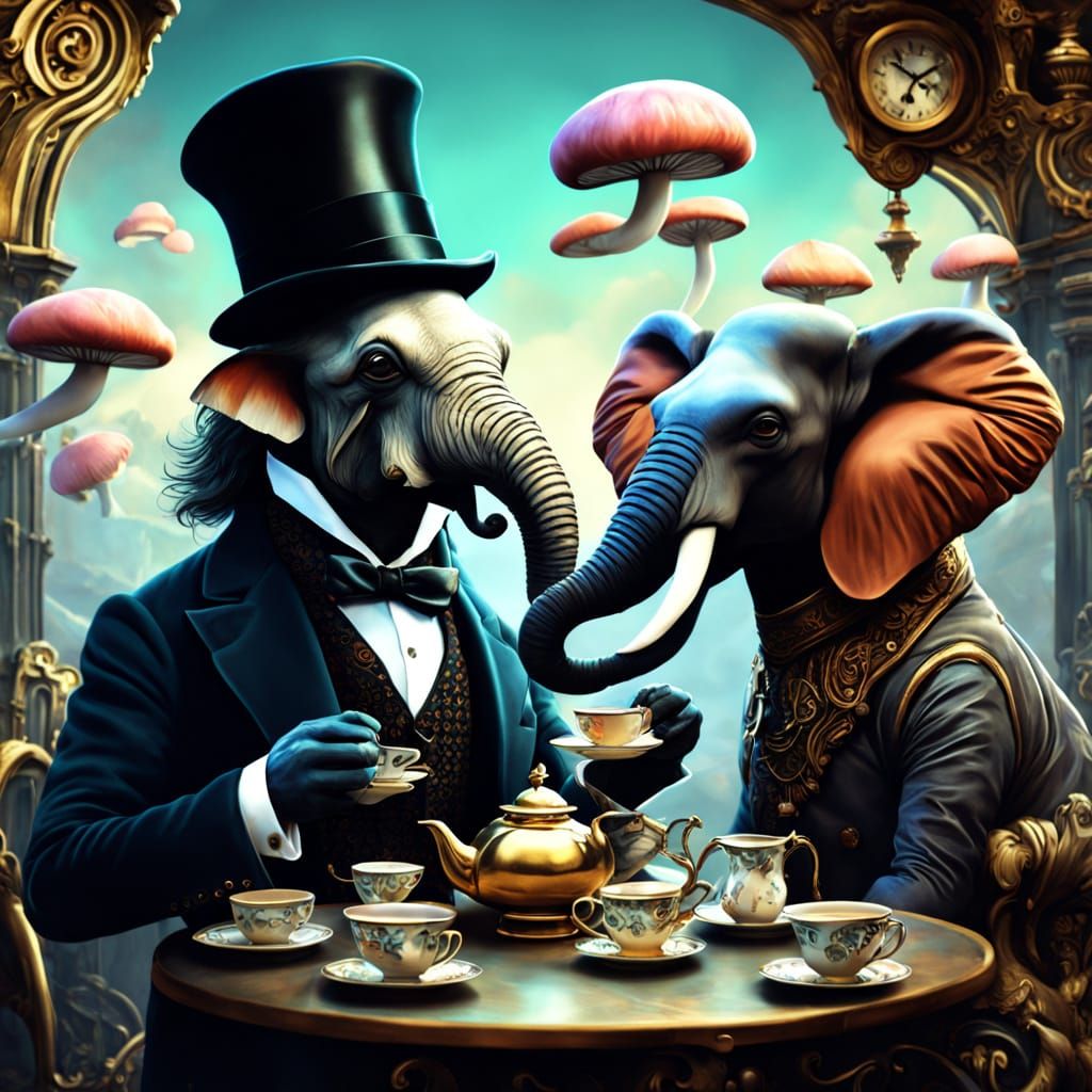Surreal Tea Party with Clockwork Hair and Fish Head