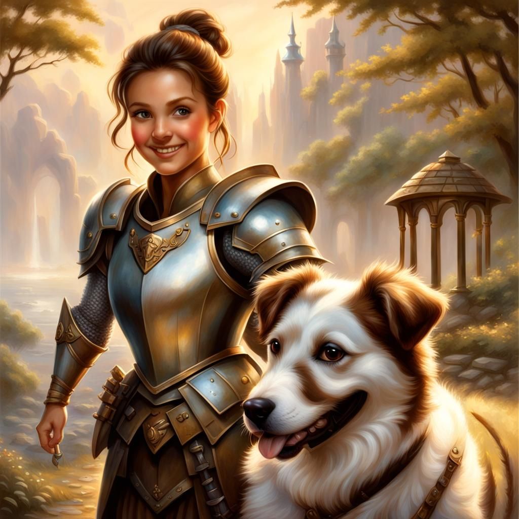 Smiling Armored Halfling with Dog in Ethereal Fantasy Style