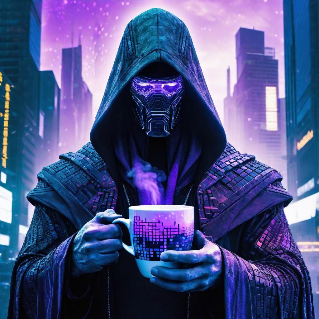 Futuristic Norse Man with Steaming Mug in Cyberpunk City