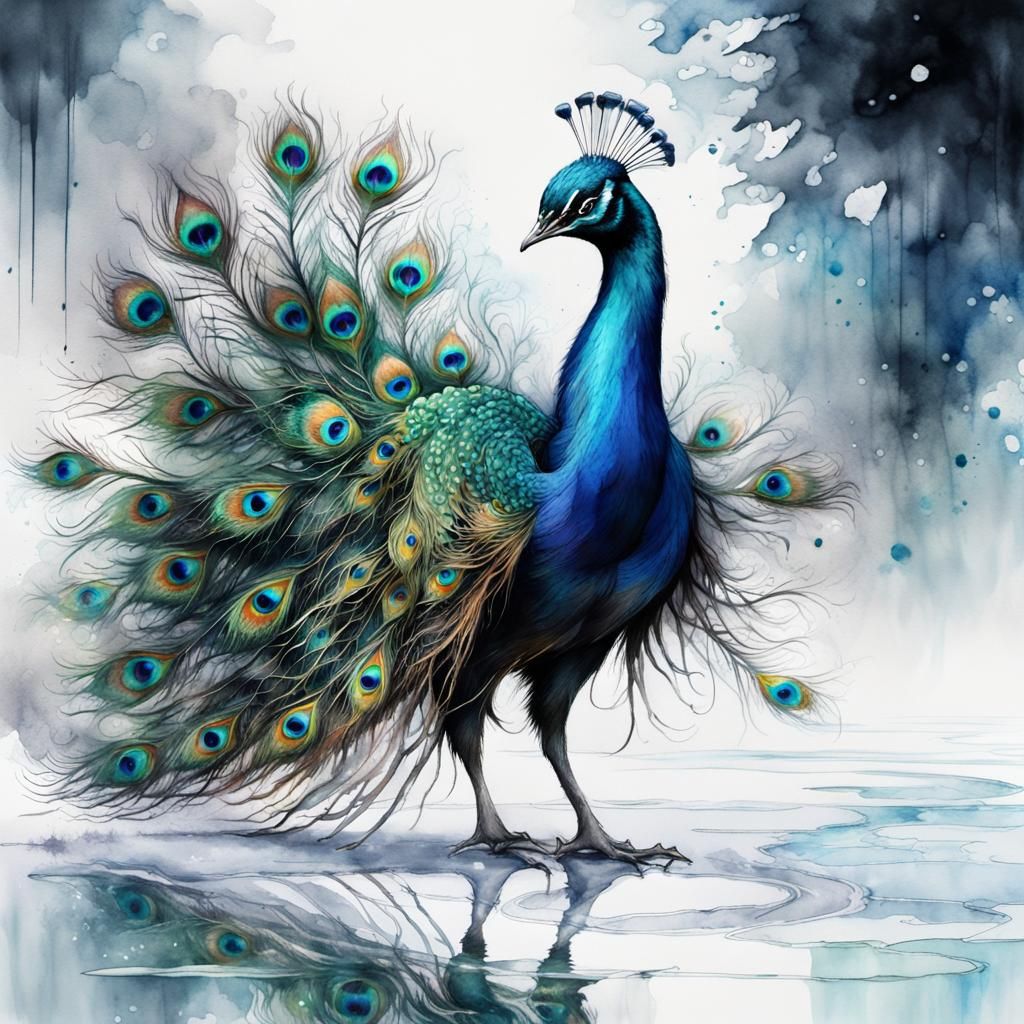 Peacock Figure Skater in Fantasy Watercolor Style