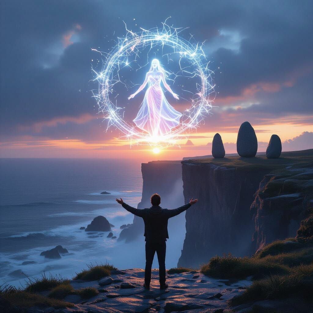 Man Surrenders to Feminine Power at Twilight Cliffs