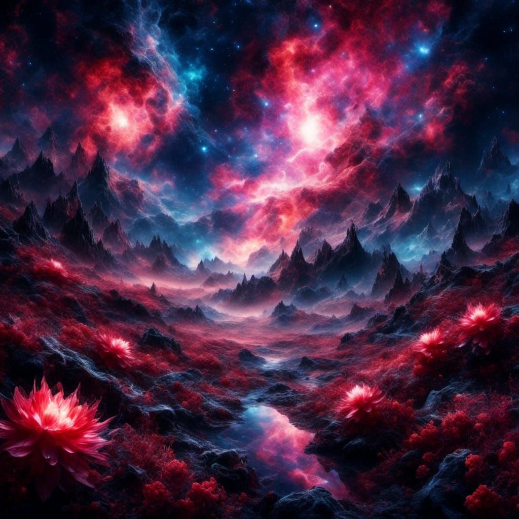 Majestic Galaxy Flower Field in 3D Cinematic Style