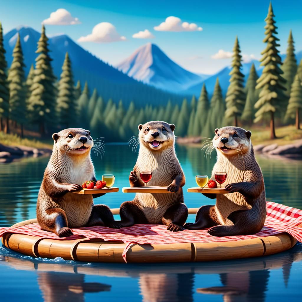 Smiling Otters Picnic on Raft in Dreamy Forest