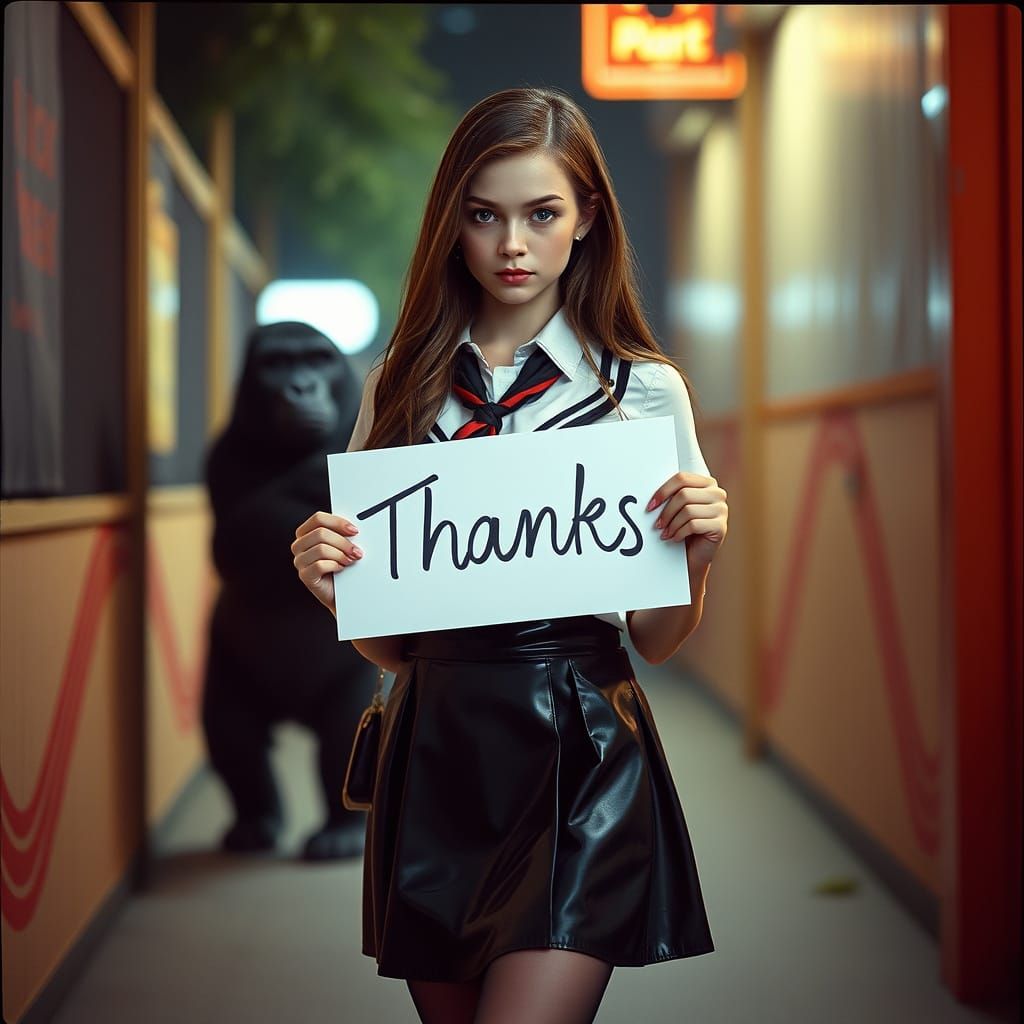 Brunette in College Uniform with Gorilla, Cinematic Lighting