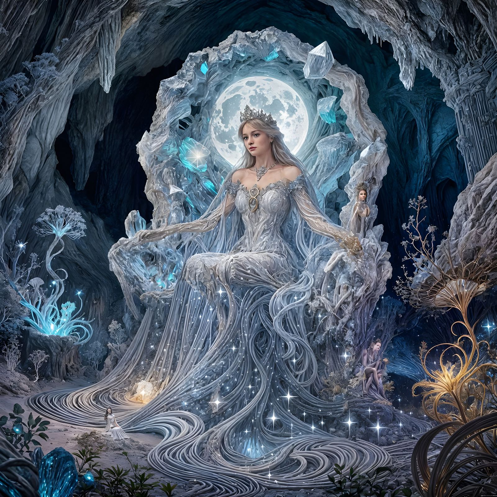 Queen on Crystalline Geode Throne in Ethereal Cavern