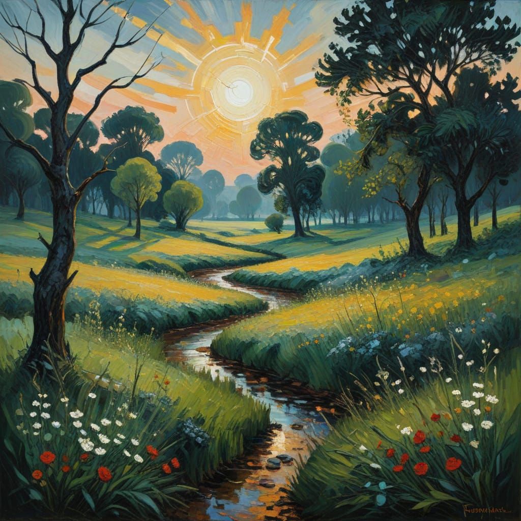 Dewy Morning Landscape in Neo-Impressionist Style, Oil Paint...