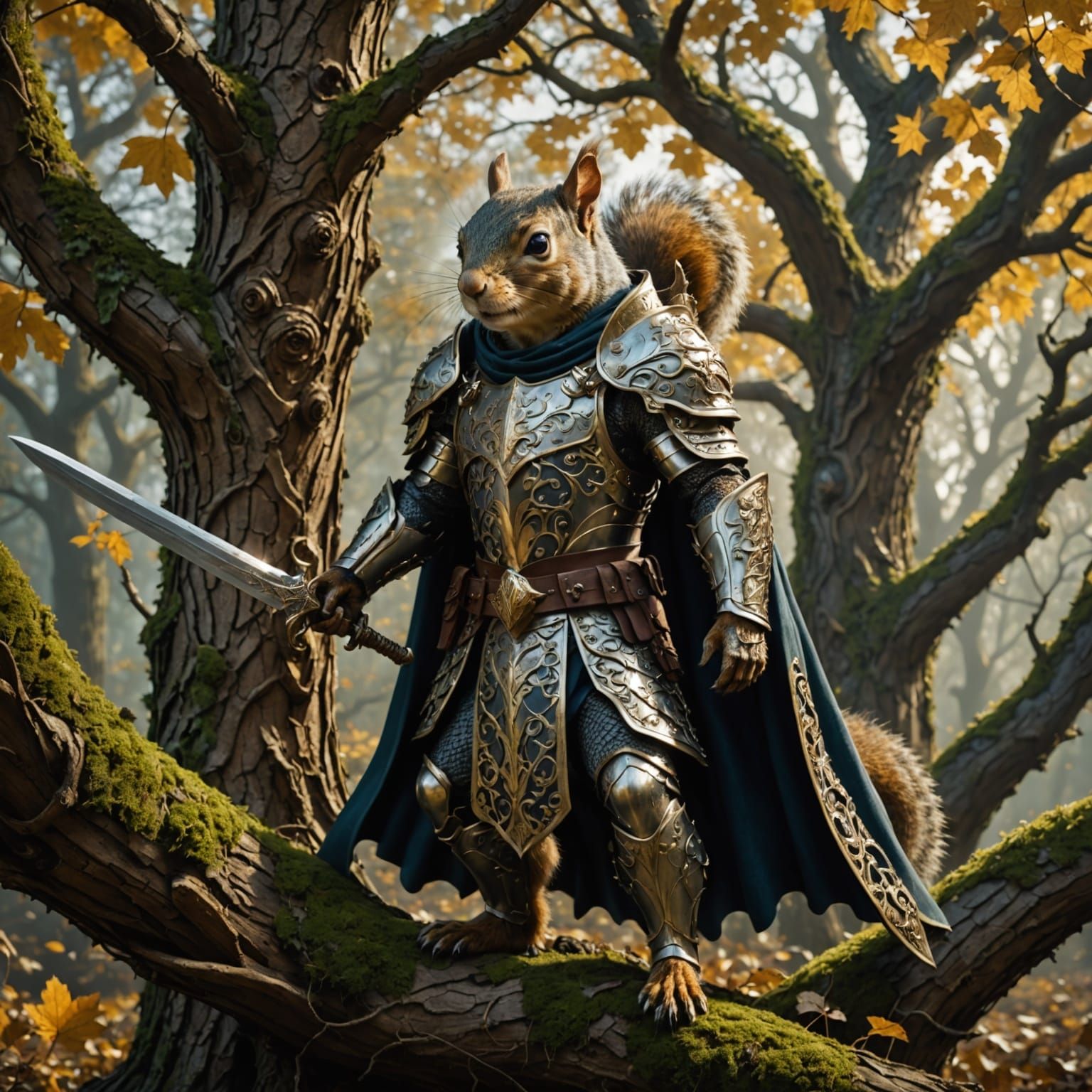 Fantastical Squirrel Knight on Ancient Tree