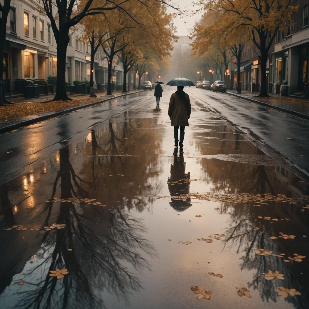 Rain-Soaked Street: Melancholic Figure in Golden Light