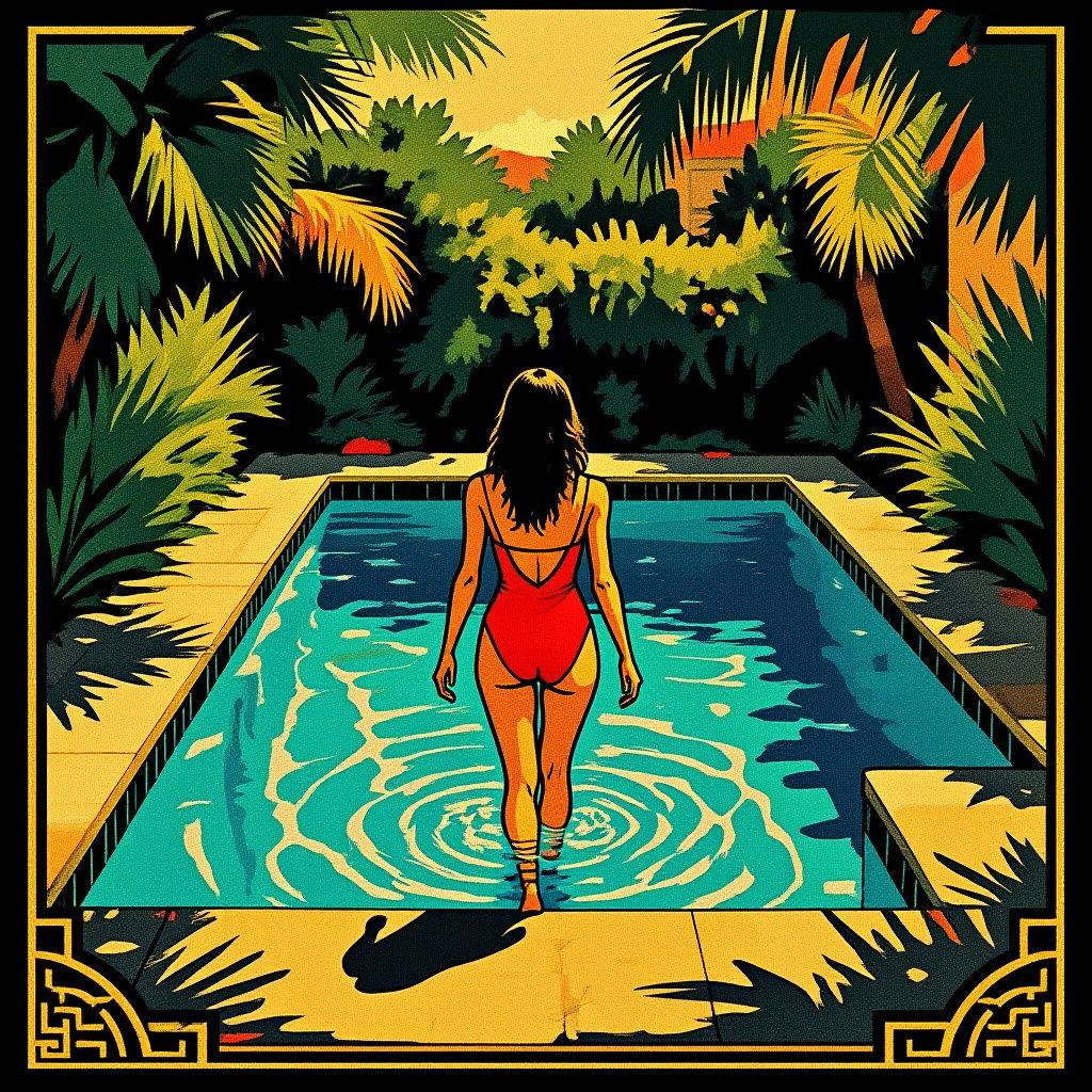 Woman Enters Pool in Art Deco Style