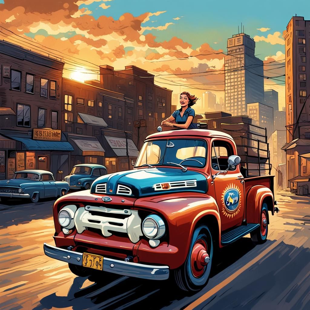 Woman Driving an Old Truck in Comic Book Style