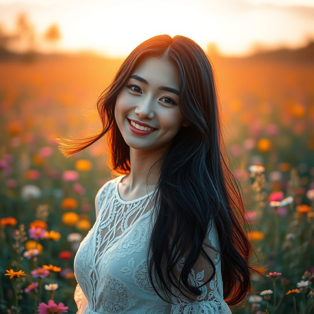 Smiling Woman in Wildflower Field at Dawn