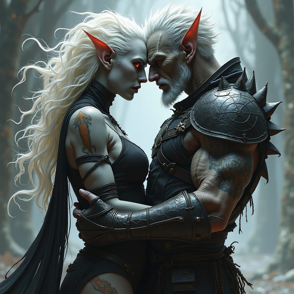 Passionate Drow Couple Embracing in Spider Web Tattoos