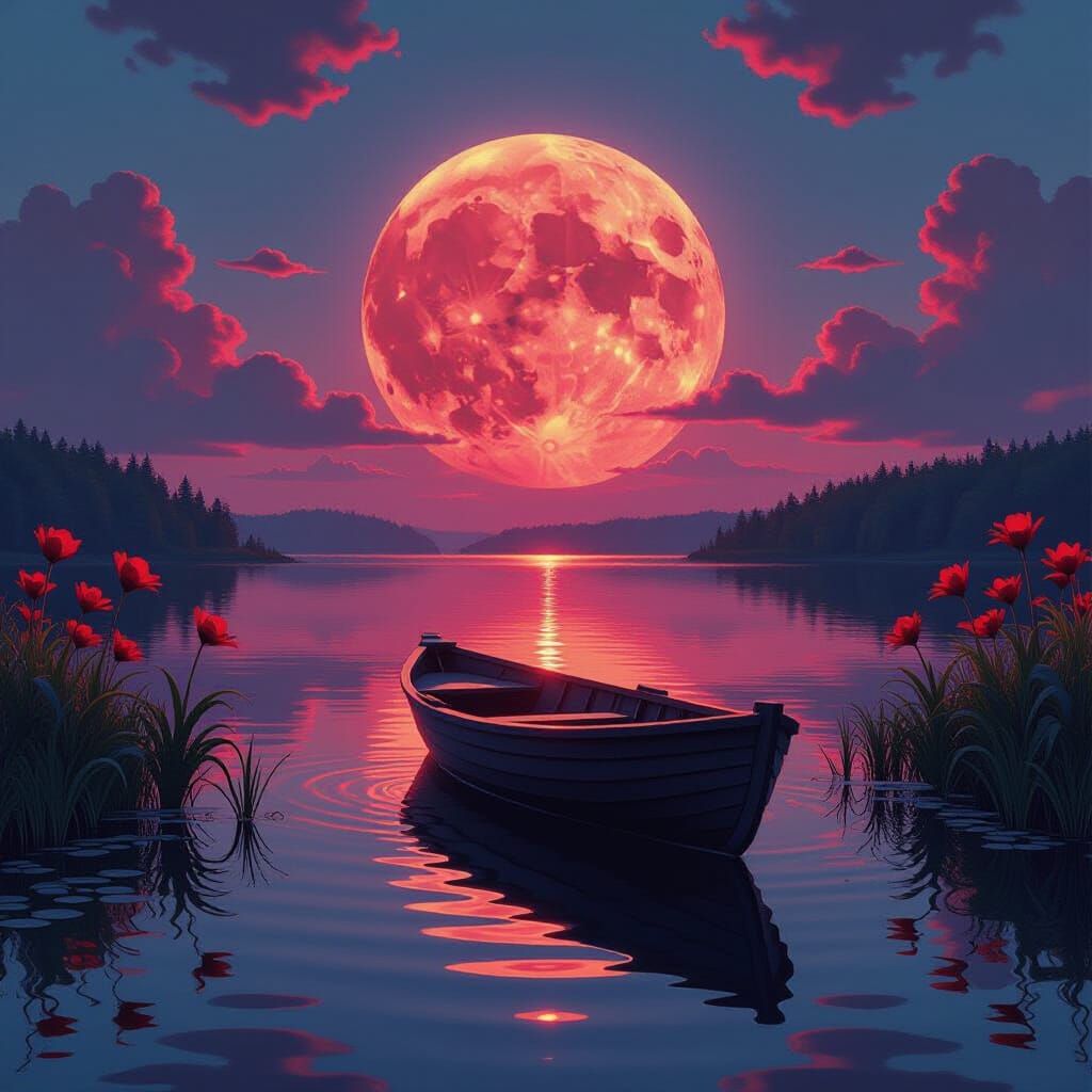 Crimson Moon Over Serene Lake: Photorealistic Style