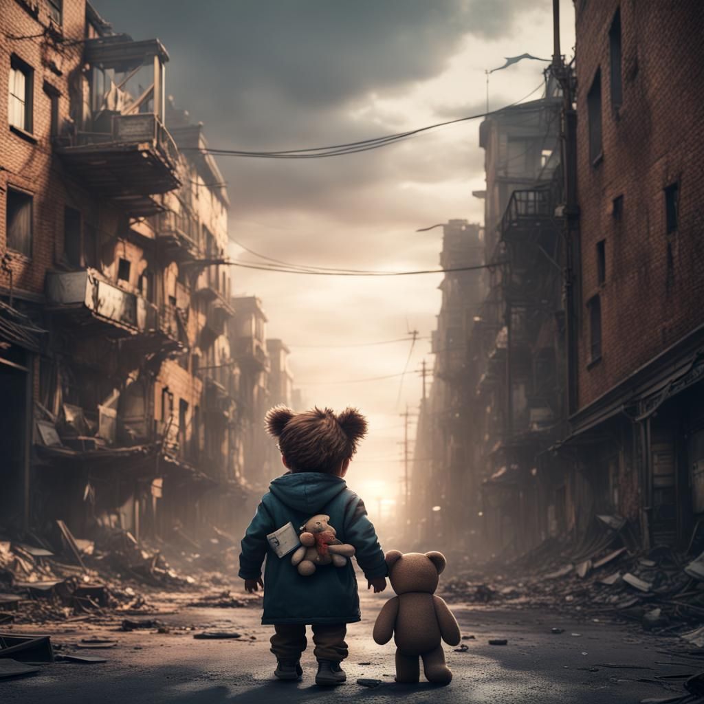 Dystopian Figure with Teddy Bear: Matte Painting