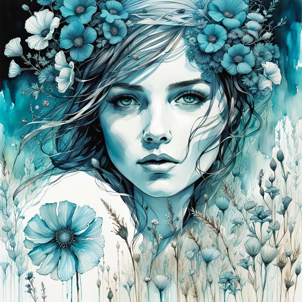 Girl in Line Art Style Watercolor Illustration