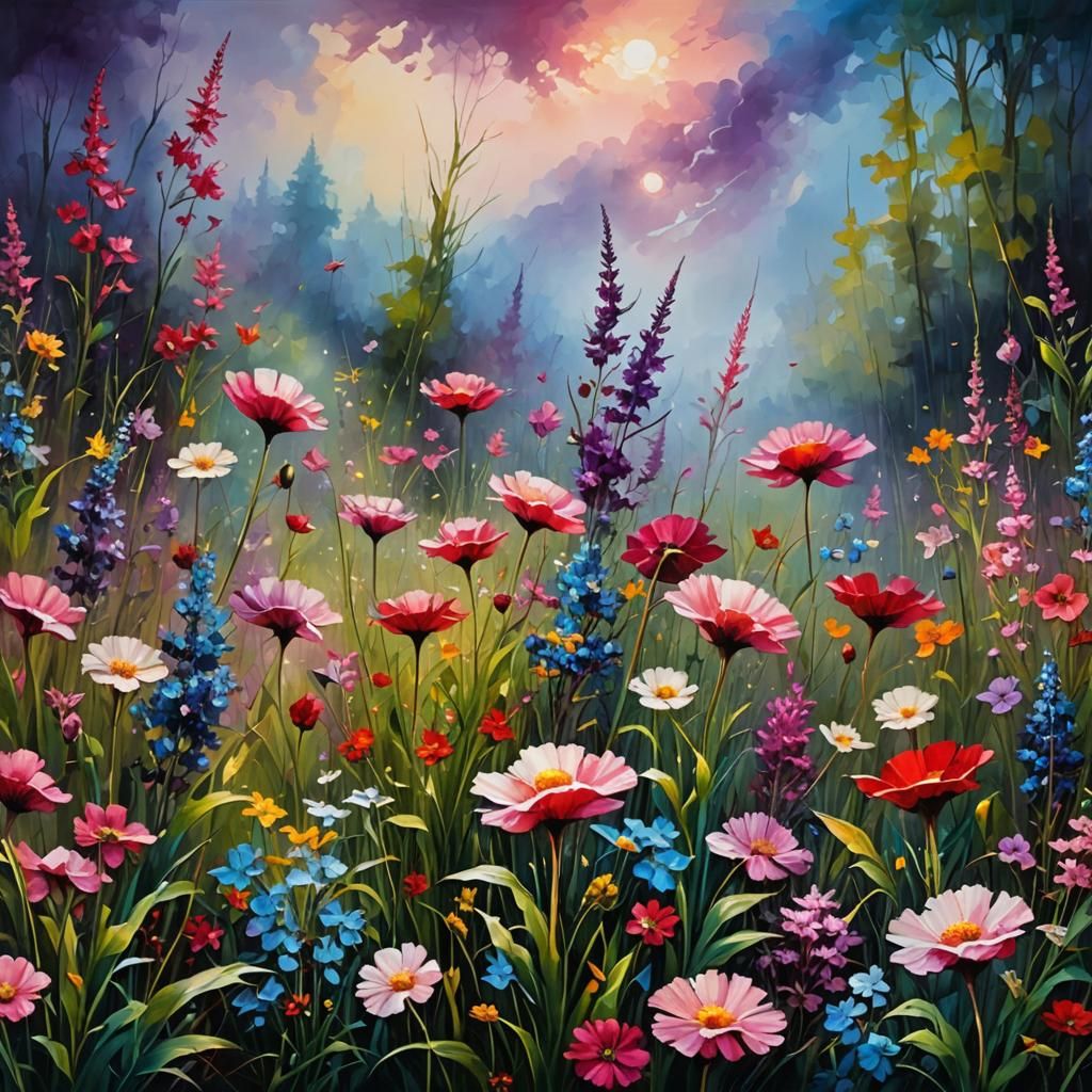 Sunset with bountiful field of flowers meadow in a valley