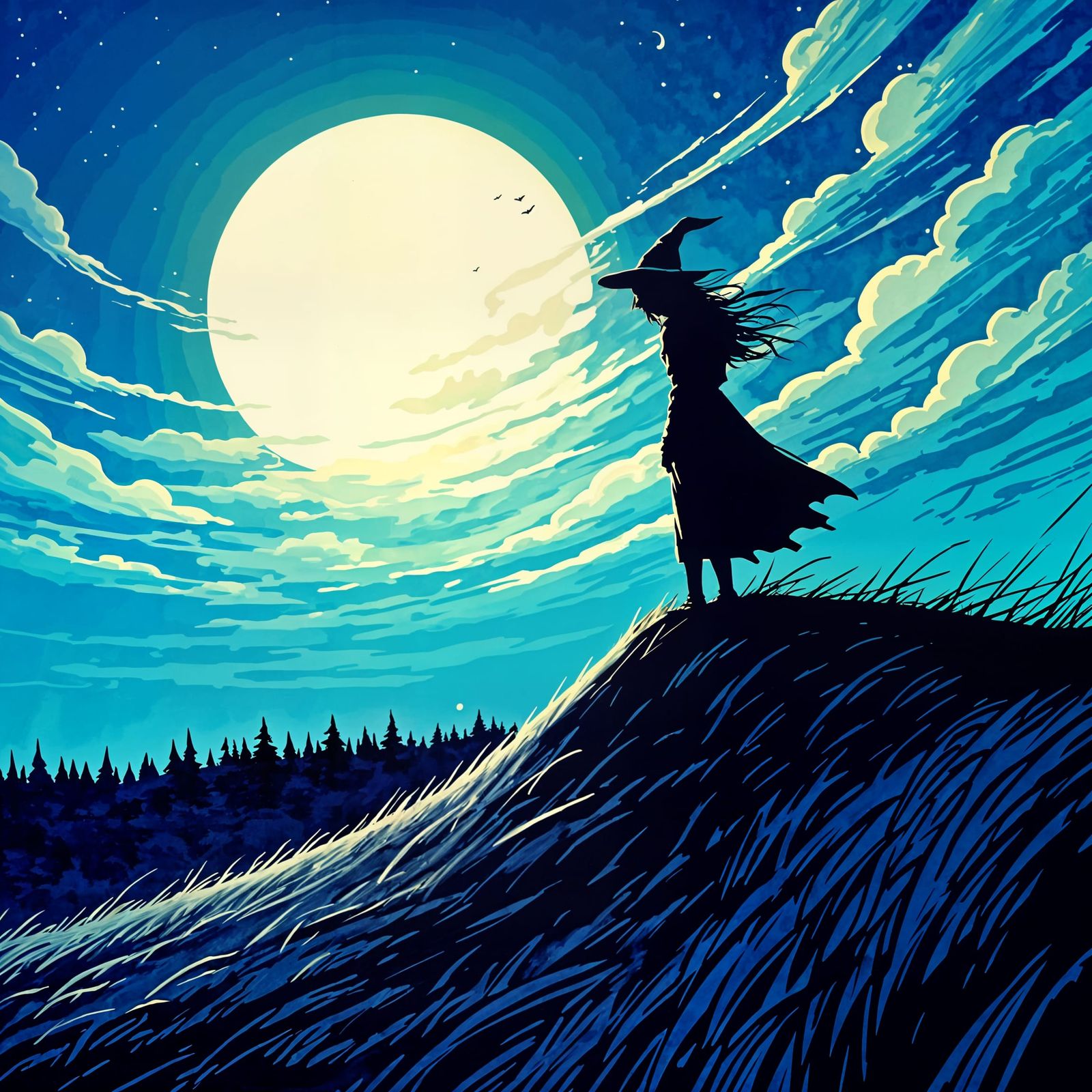 Witch Silhouette Under Giant Moon In Blue Hues