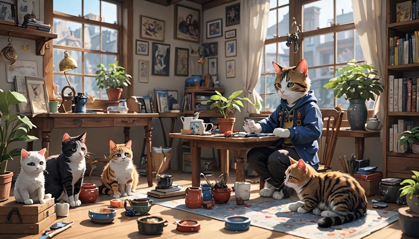 Cats and Their Hobbies in Detailed 3D Anime Art