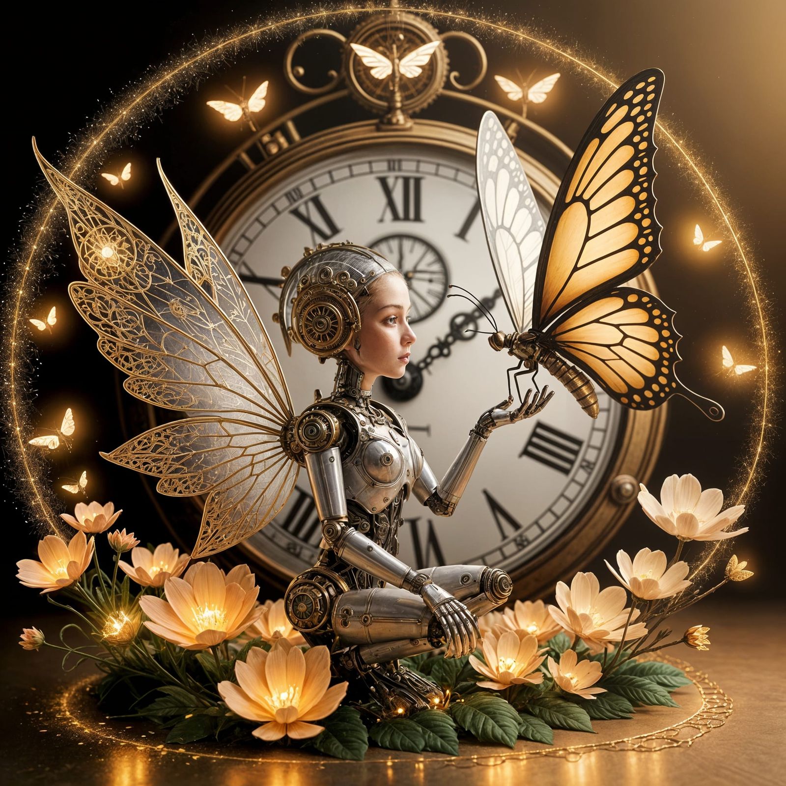 Steampunk Fairy in Whimsical Garden of Time