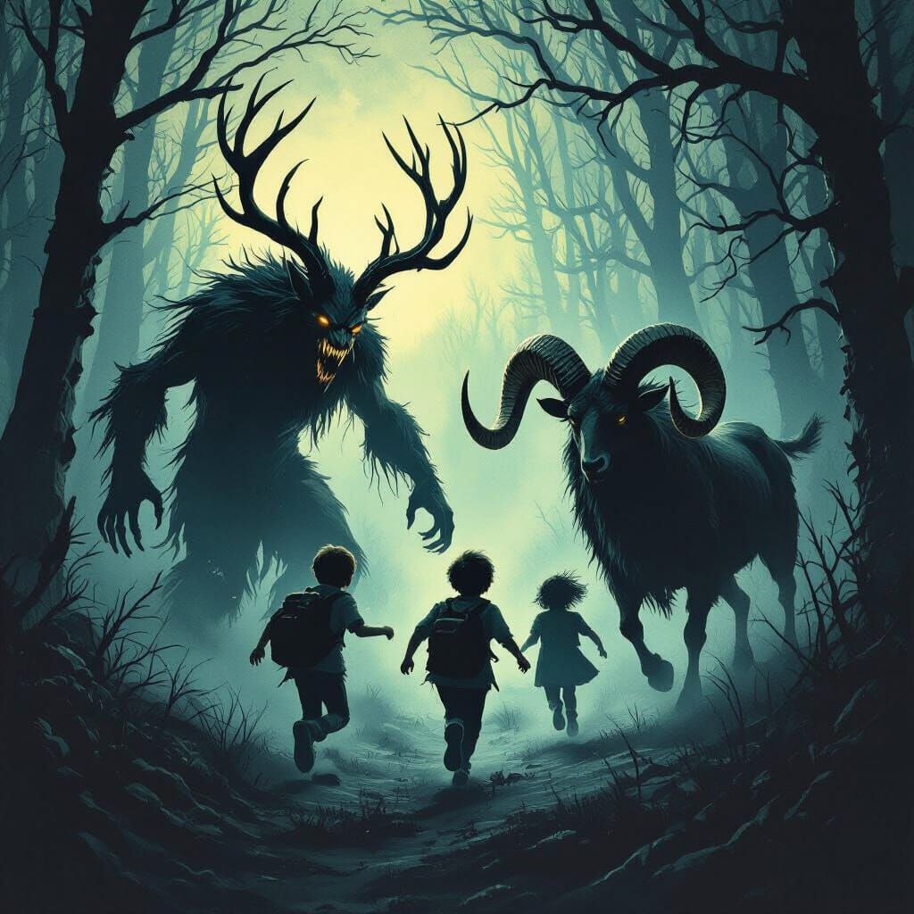 Dark Fantasy Wendigo and Ram Chase Terrified Children