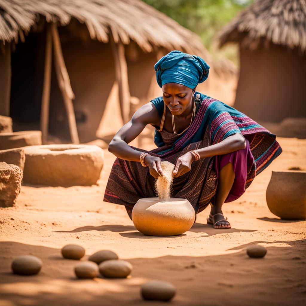Woman Grinding Grain in Ancient Africa: Photography