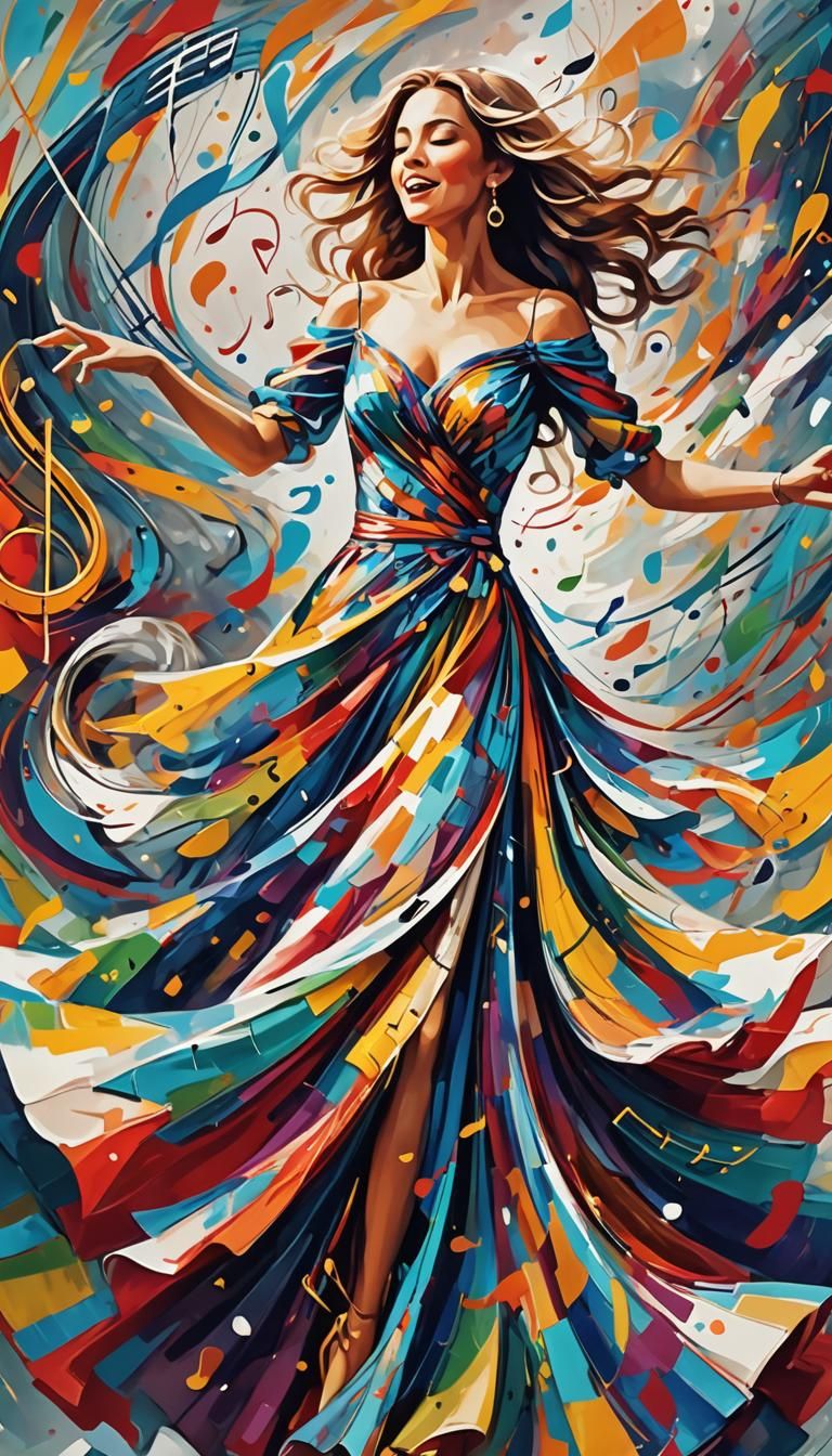 Abstract Digital Art: Woman Dancing with Music Notes