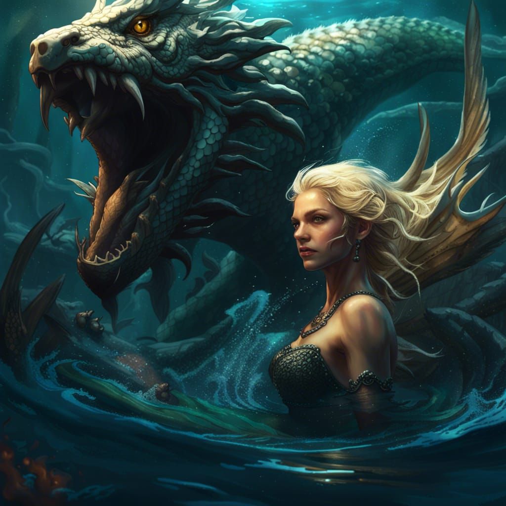 Blond Mermaid and Dragon Dark Fantasy Concept Art