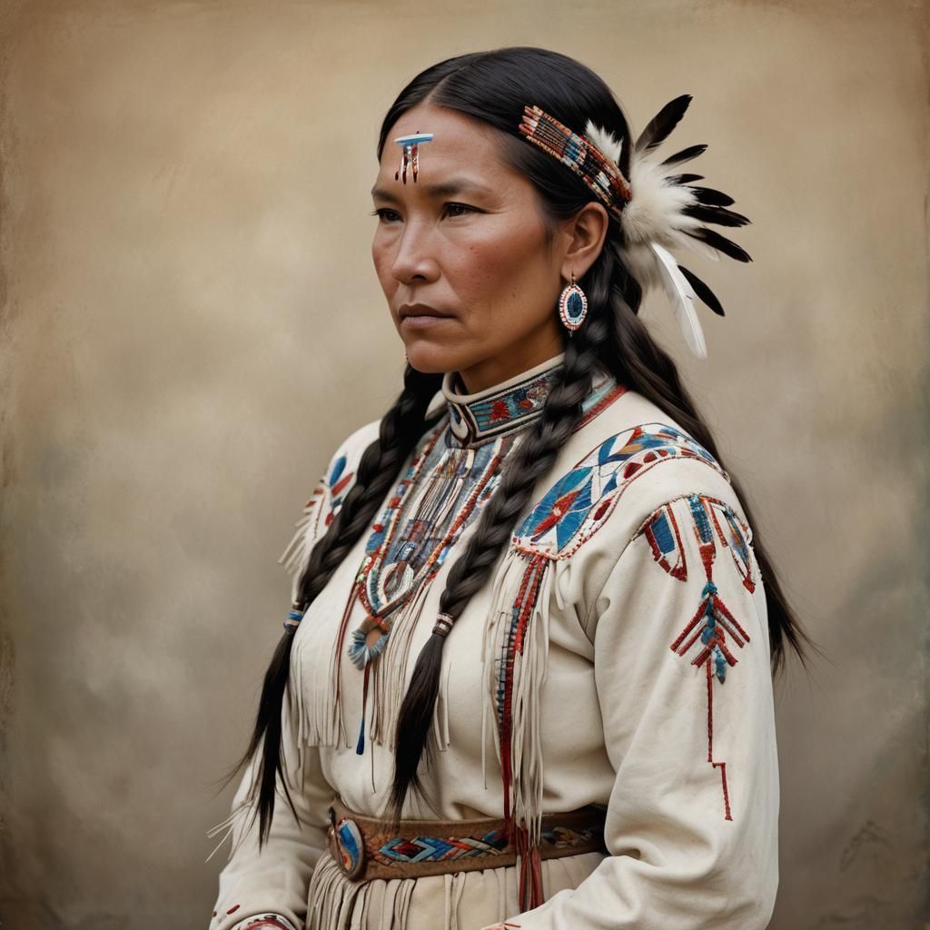 Native American Woman in Traditional Buckskin Dress