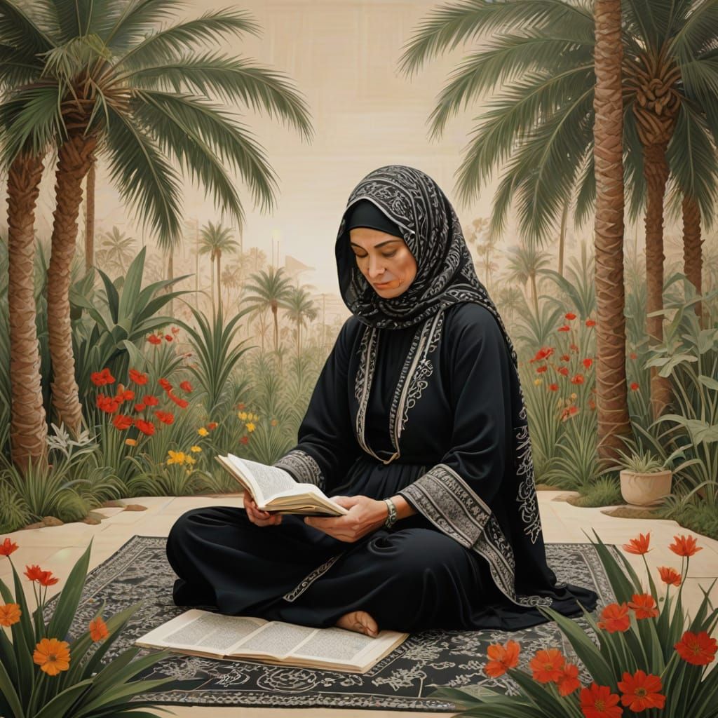 Serene Woman Reads Al Coran in a Tranquil Garden