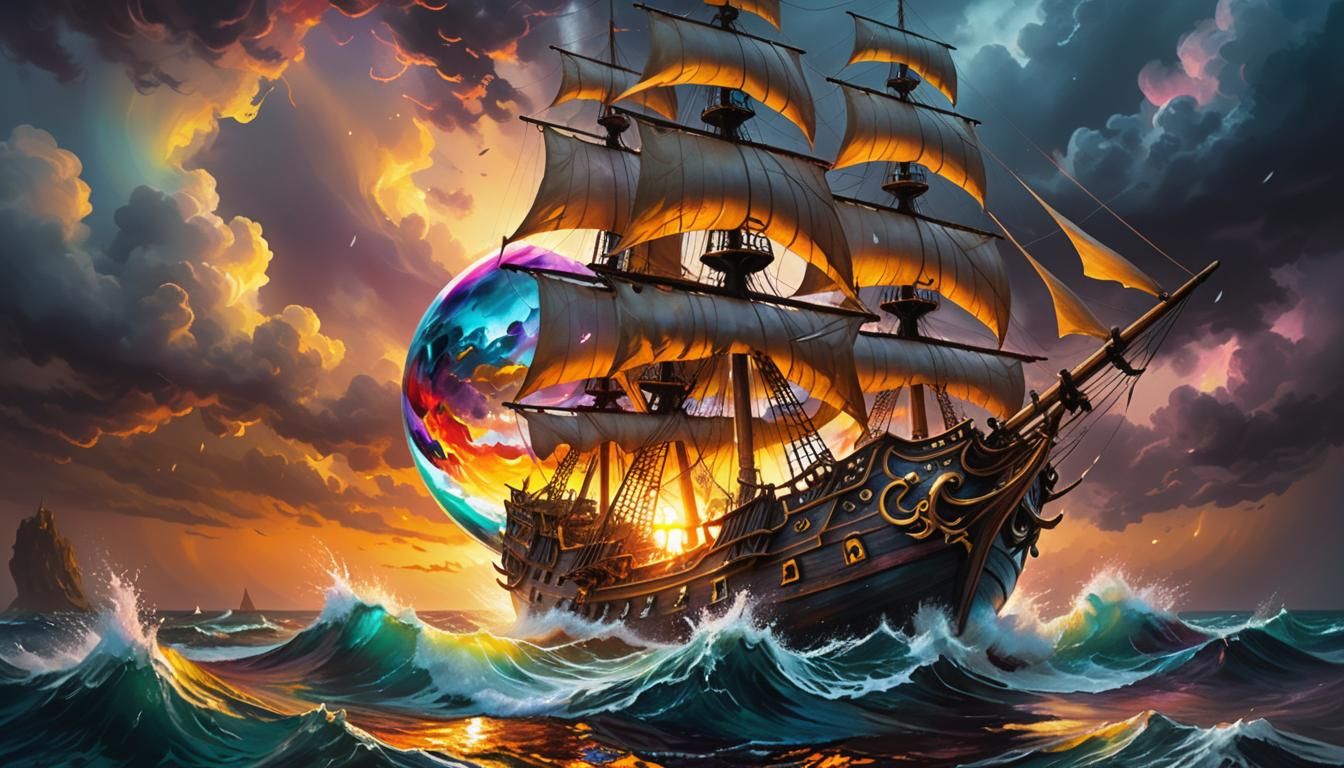 A Pirate ship traped in glass ball.