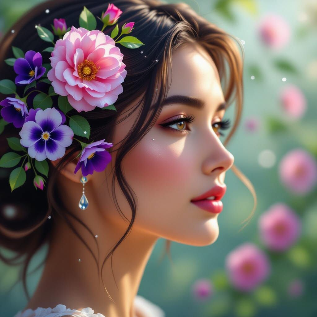 Delicate Roses and Violets Floral Pattern with Dewdrops