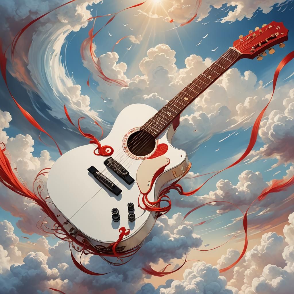 Surreal Guitar Floating in Dreamy Clouds