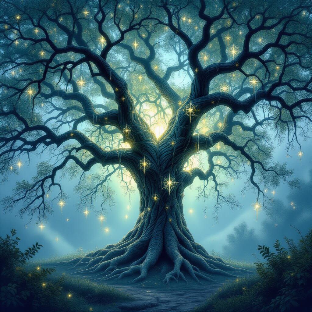 Ethereal Spiderweb Tree in Mystical Mist