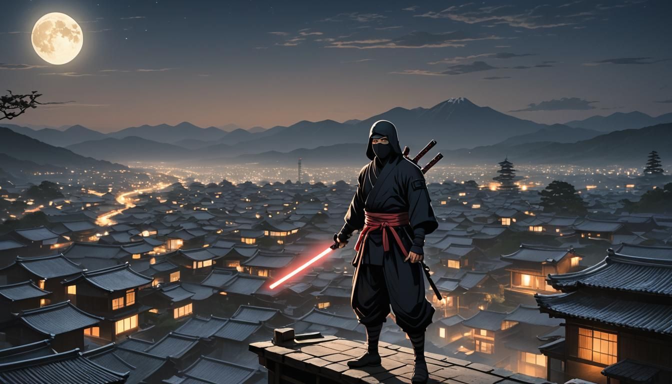This image depicts a ninja standing on a rooftop in a small ...