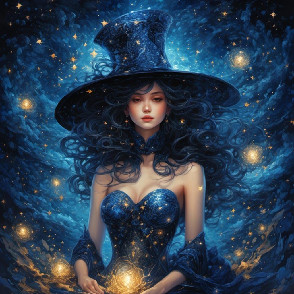 Starry Night Magician Woman in Splash Art Style