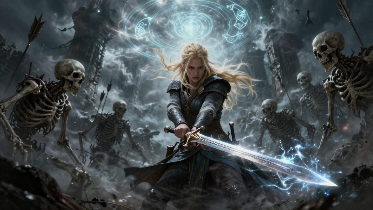 Elf Ranger Fights Undead in Ruined Temple