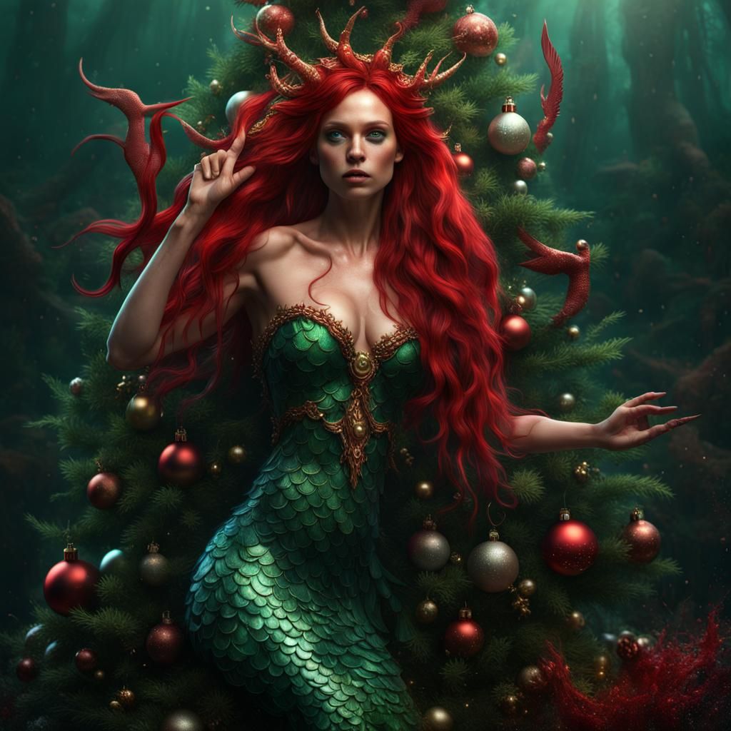 Evil Mermaid Christmas Tree: Hyperrealistic Detailed Matte P...