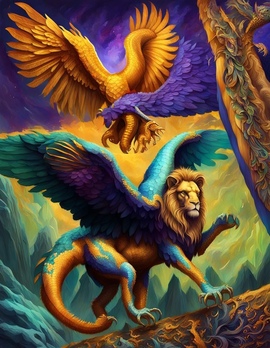 Majestic Golden Lion-Eagle-Elephant Hybrid: Fantasy Art