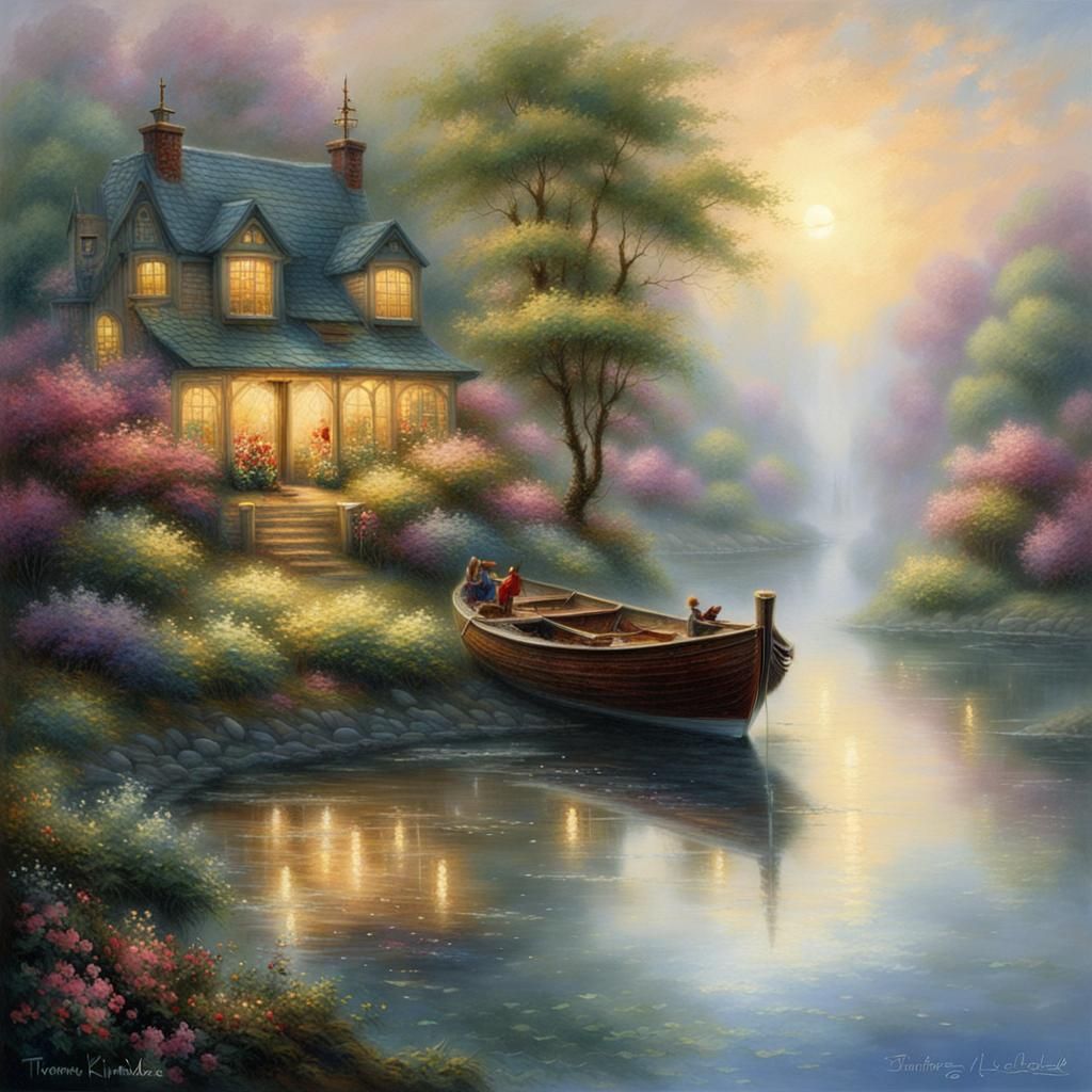 Ethereal River Boat Surrounded by Trees in Fantasy Style