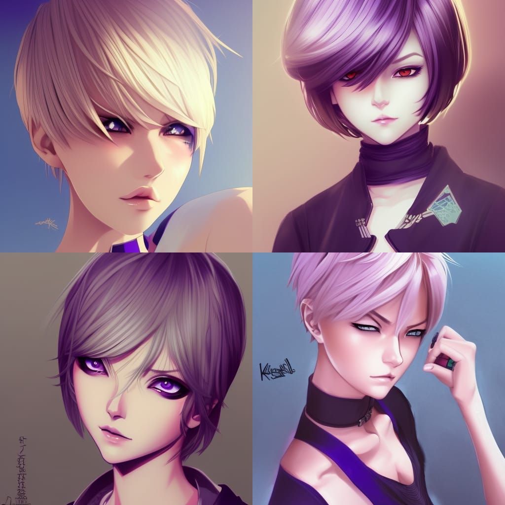 Anime Woman with Blonde Hair and Purple Eyes