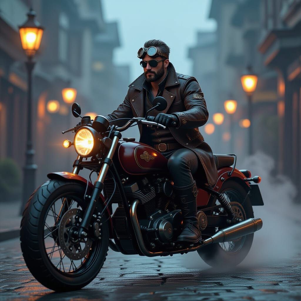 Steampunk Man Rides Motorcycle on Foggy Victorian Street