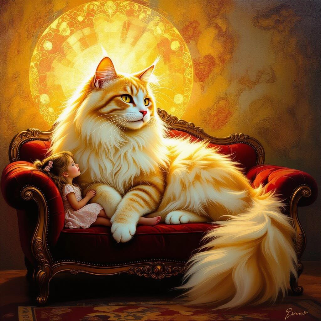 Giant Ethereal Golden Cat with Girl on Velvet Couch