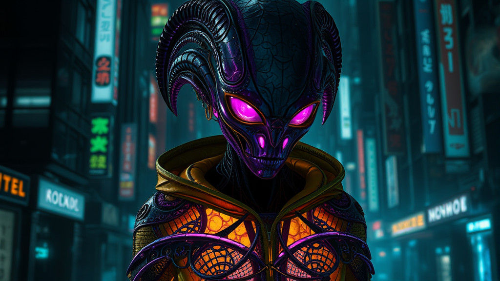 Alien in Cyberpunk City: Dark Fantasy Concept Art