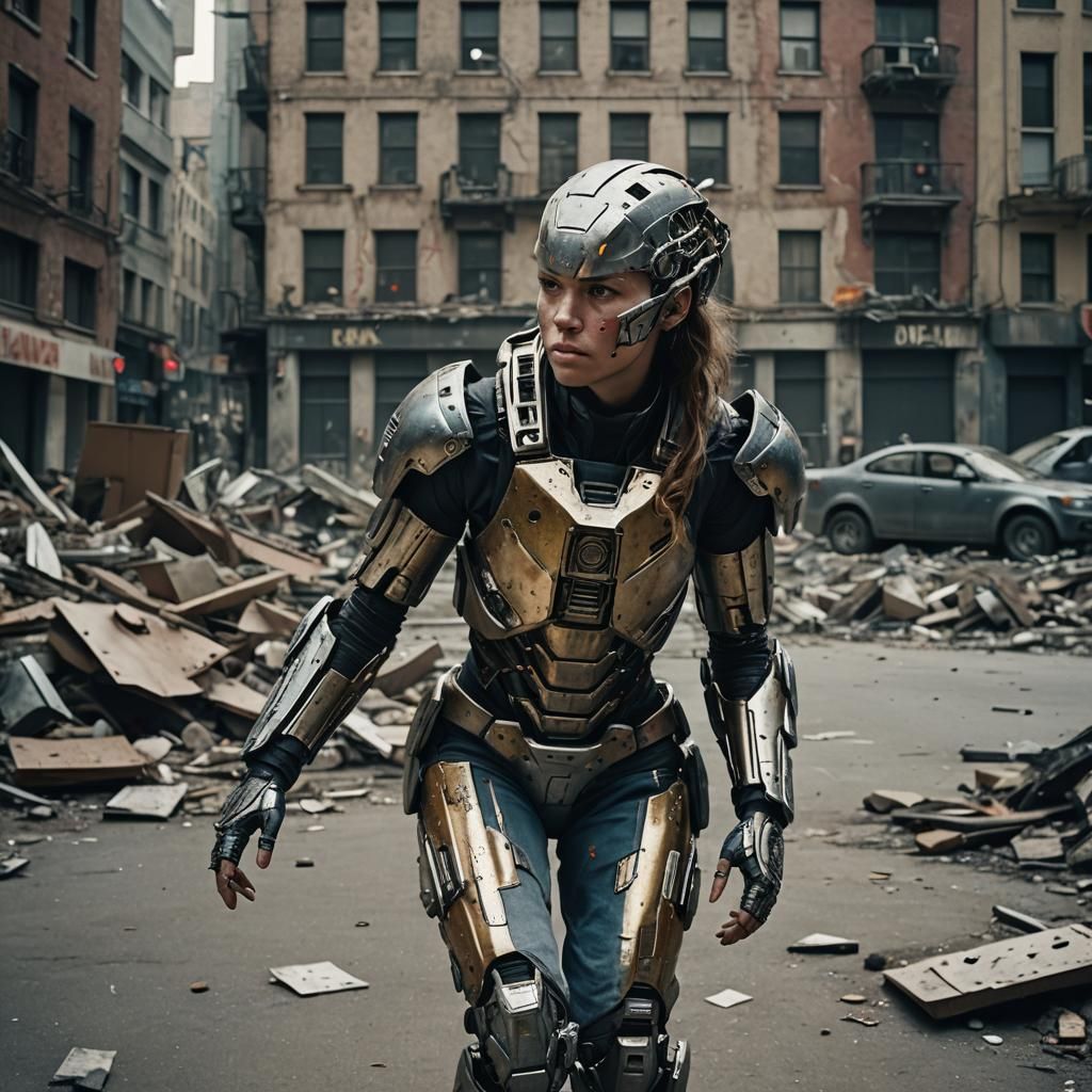 Cyborg Survivor in War-Torn City: Cinematic Still