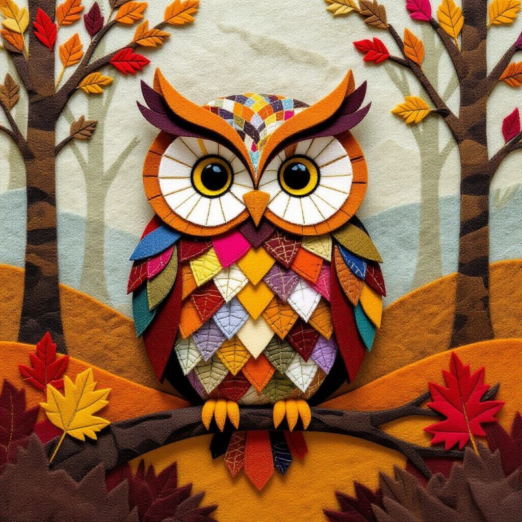 Vibrant Felt Owl in Autumn Woodland Scene