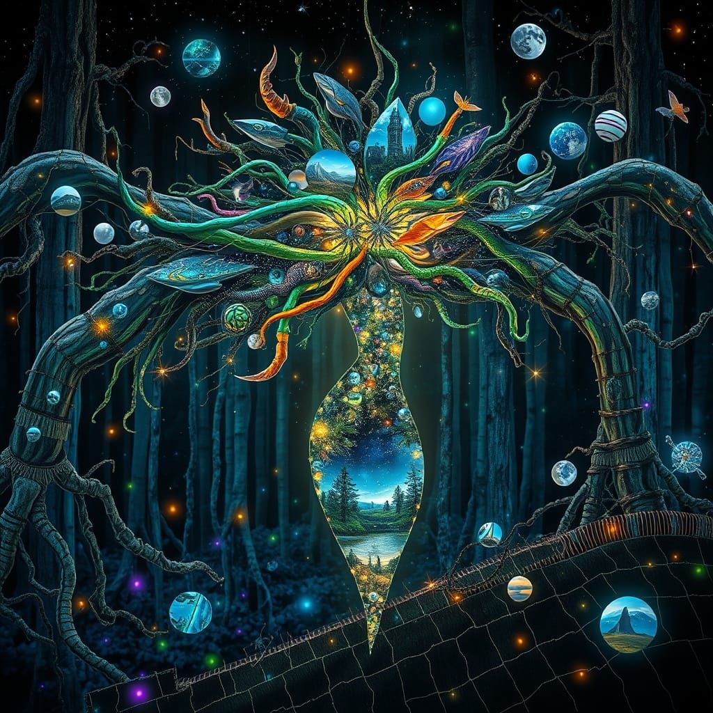 Dreamlike Bioluminescent Forest with Floating Woman in Colla...