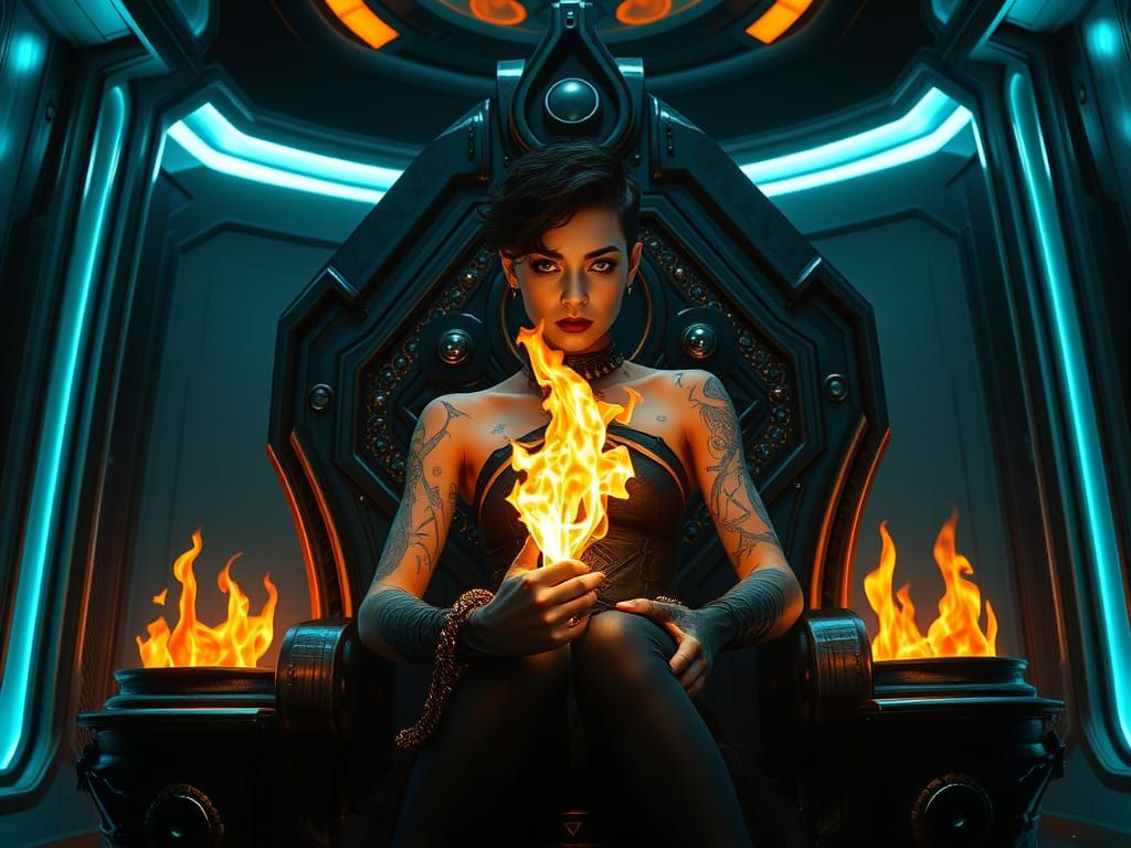 Androgynous Cultist Wields Fire on Futuristic Throne