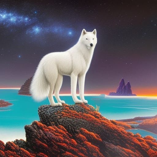 a white furry wolf standing on the high rock cliff at the bl...