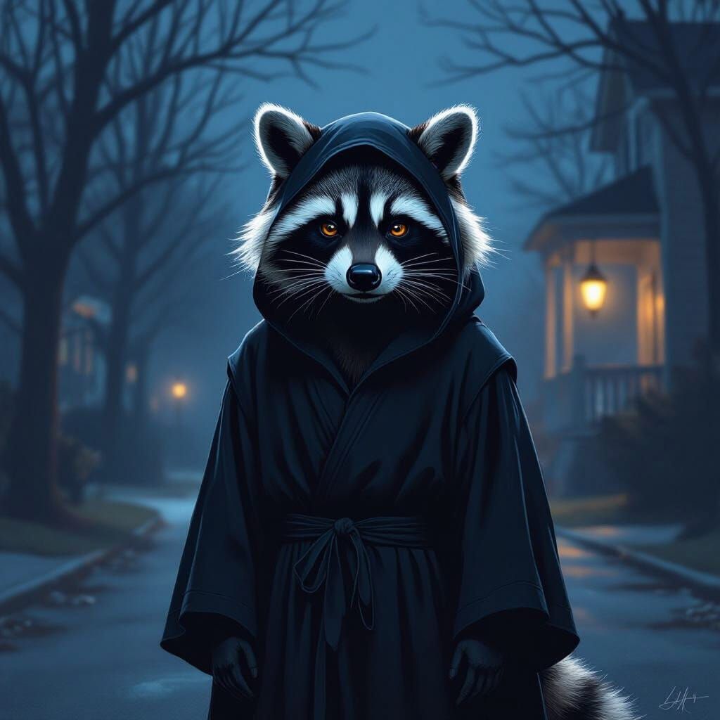 Ghostface Raccoon in Chiaroscuro Night Street