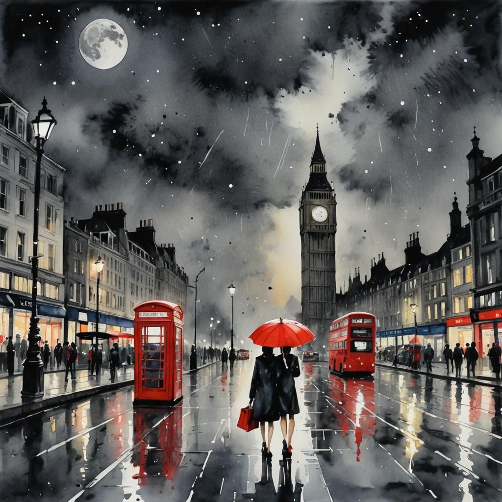 London Rainy Night: Red Accents in Watercolor